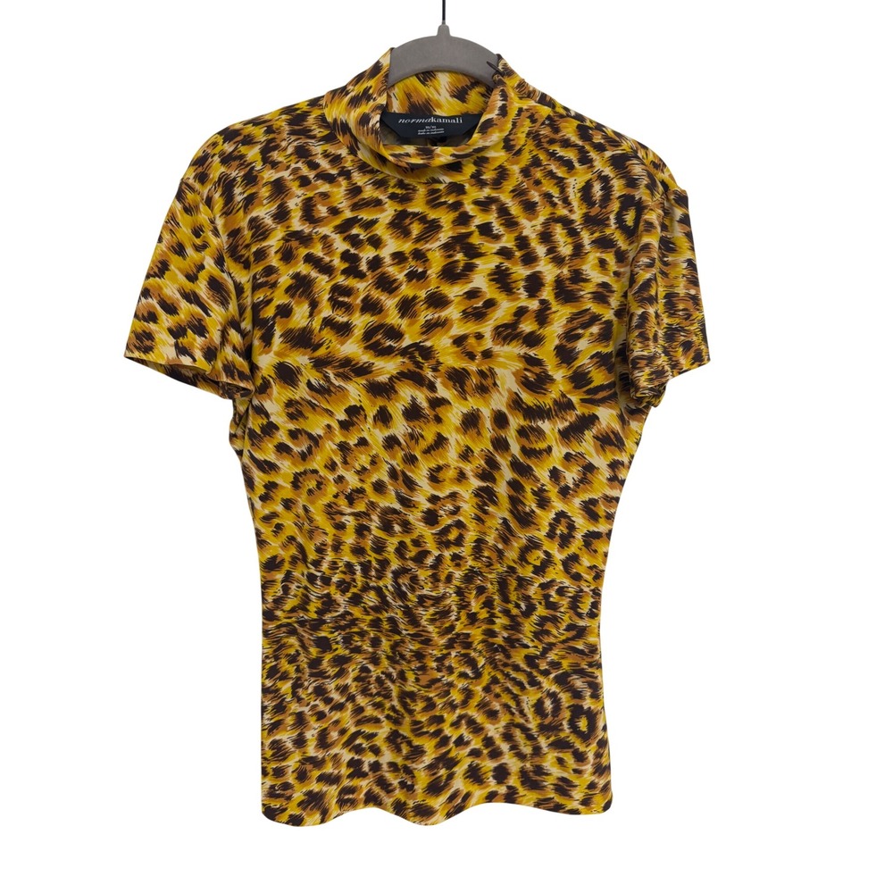 Norma Kamali Rust Leopard Print Mock Neck Short Sleeve Top Blouse  M